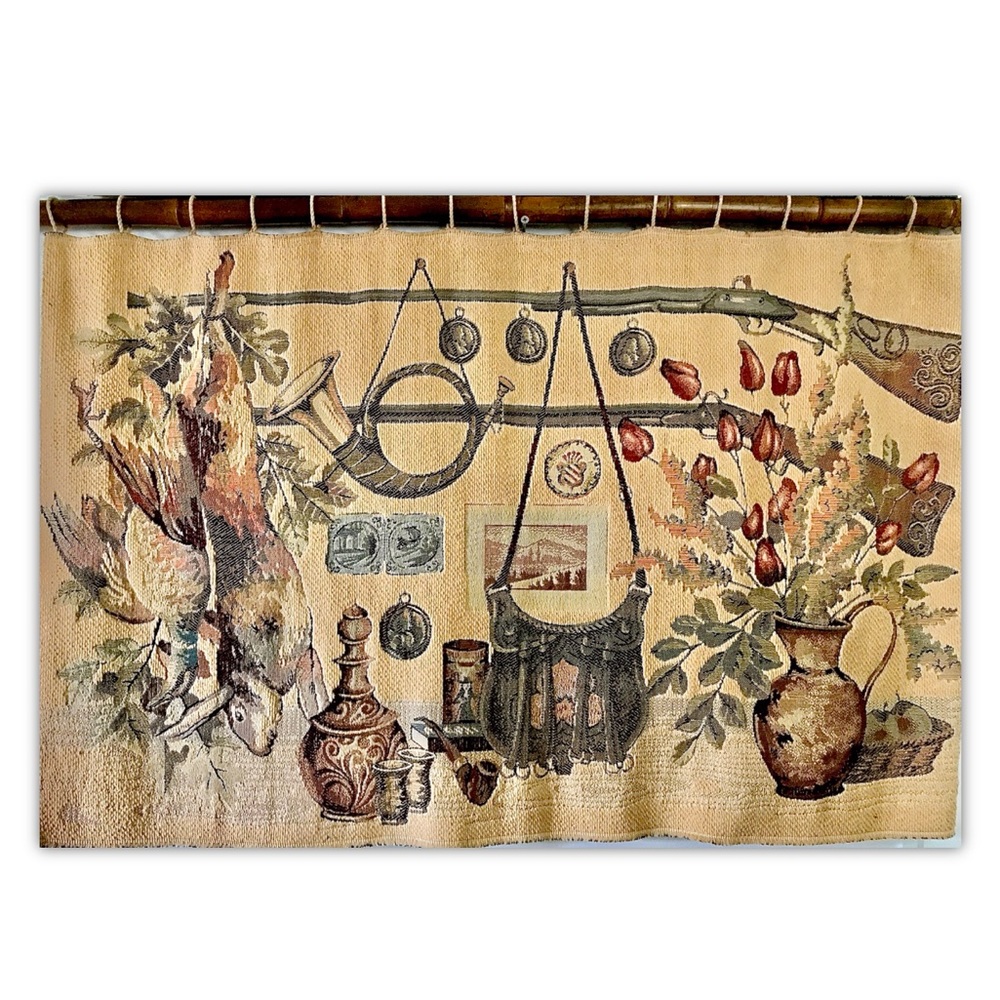 Vintage Italian Wall Tapestry. Rabbit and Partridge Hunting scenery. 42” unique
